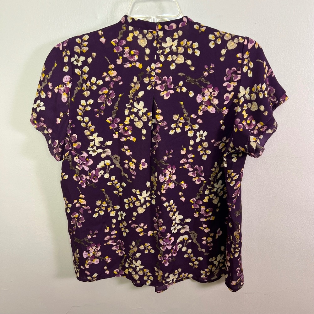 Lands End Womens Purple Floral Tie Neck Pleated Short Sleeve Blouse, Size 16 - Picture 9 of 9